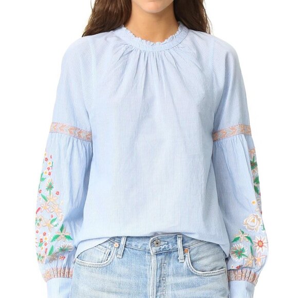 Antik Batik Blue Fields Long Sleeve Embroidered Blue Blouse Size 38 - Picture 1 of 13